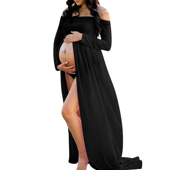 JustVH Maternity Off Shoulder Dress Photoshoot Long Sleeve Split Front Chiffon Gown for Photography