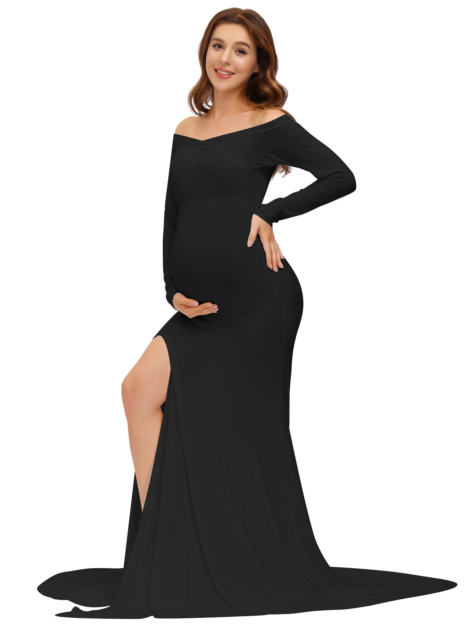 JustVH Maternity Photoshoot Dress Off Shoulder Long Sleeve Side Slit