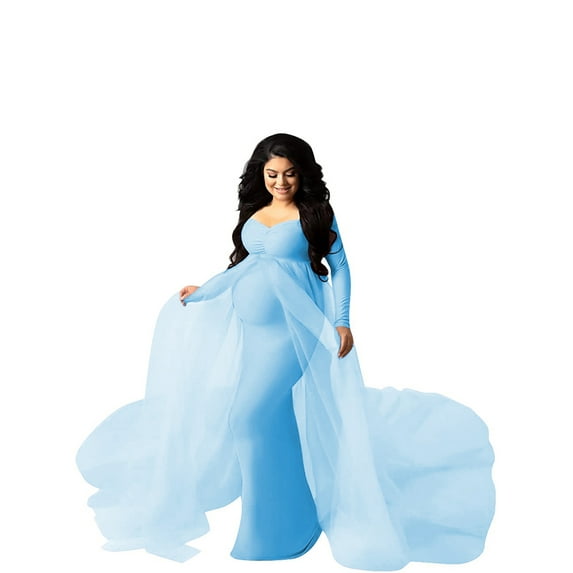 JustVH Maternity V Neck Long Sleeves Maxi Dress with Train Pregnant Gown For Baby Shower Photoshoot