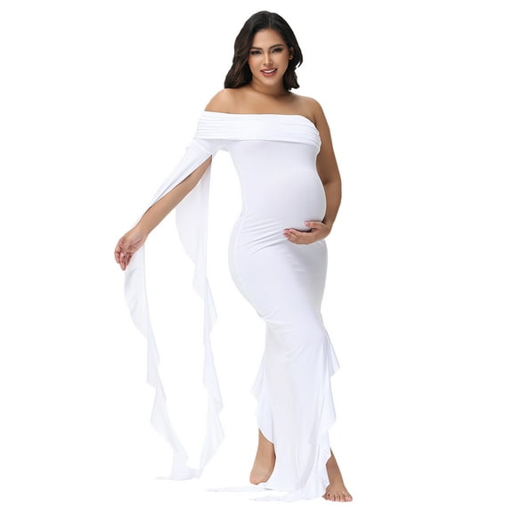 JustVH Maternity off Shoulder Photography Gown Wavy Sleeves Irregular Summer Dress for Baby Shower