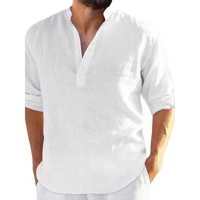 JustVH Men Solid Color 3/4 Sleeve Henley Cotton Linen Casual Shirts