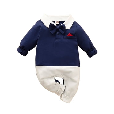 Crazyme Newborn Baby Boy Clothes Gentleman Outfits Long Sleeve Romper Bowtie Tuxedo Suit (Blue, Newborn