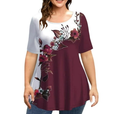 JustVH Summer Floral Printed Crewneck Short Sleeve T Shirt Women Plus Size