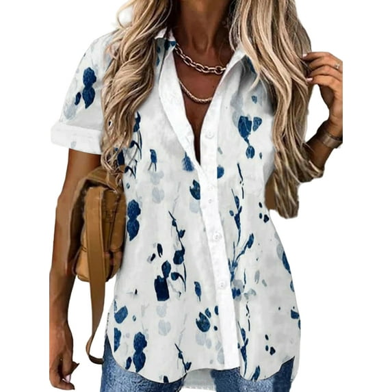 JustVH Women Buttons Short Sleeve Shirt Floral Lapel Collar Tunic Blouses