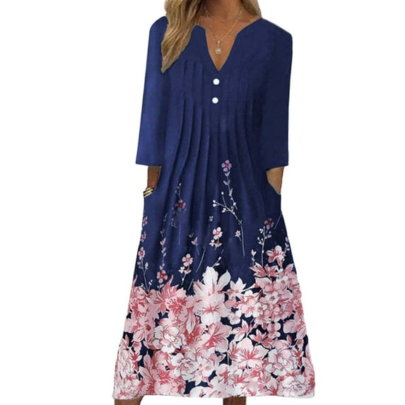 JustVH Women Casual Floral Dresses 3/4 Sleeve V Neck Pockets Midi Dress