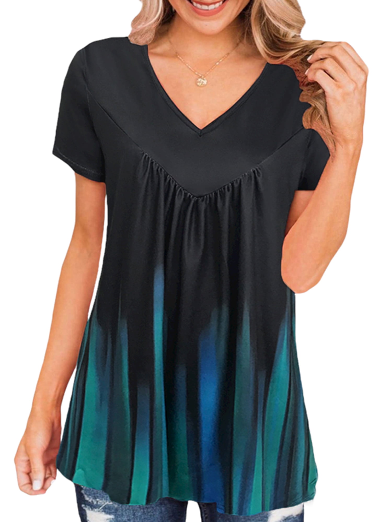 JustVH Women Casual Short Sleeve Printing Tops Classic Blouse Basic V