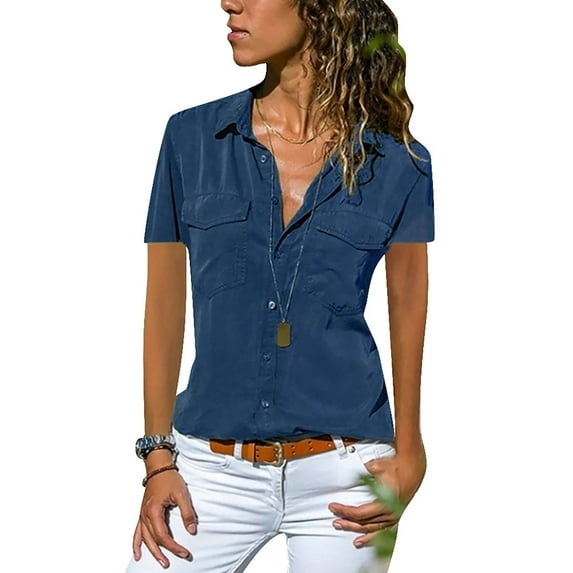 JustVH Women Casual Solid Color Summer Lapel Neck Button Down Short Sleeve Blouse Shirt
