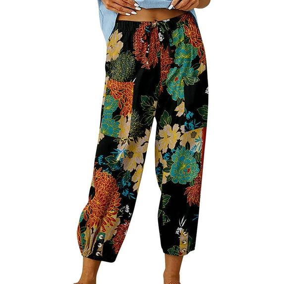 JustVH Women Cotton Linen Elastic Drawstring Waistband Pleated Slacks Taper Leg Pants