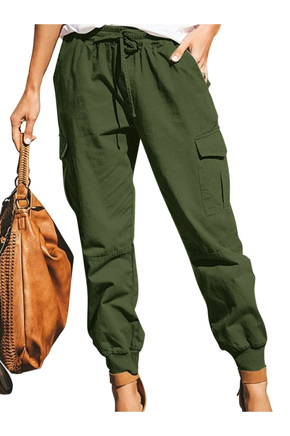 Women Elastic Waist Casual Drawstring Cargo Pants Jogger Cropped Trousers