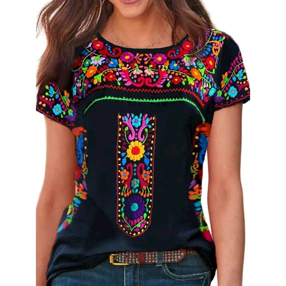 JustVH Women Floral Print Round Neck Short Sleeve Casual Tunic T-Shirts Tops