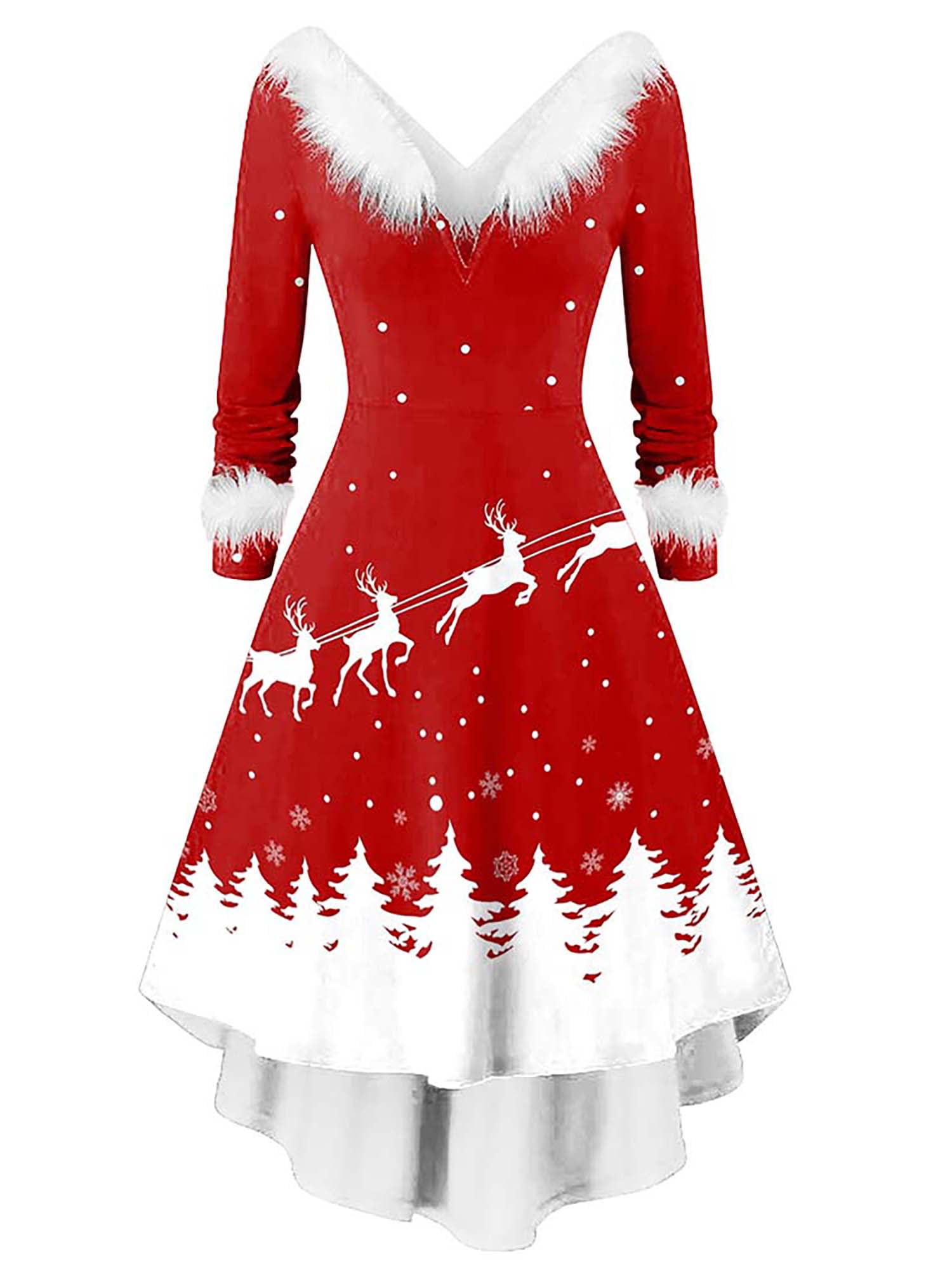 JustVH Women Furry Collar Midi HiLow Christmas Dress