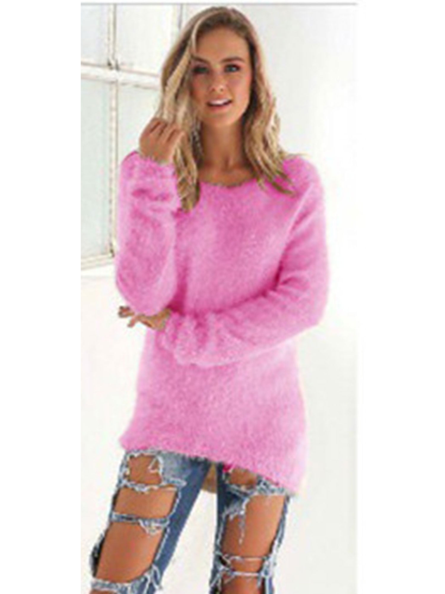 JustVH Women Fuzzy Pullover Jumper Tops Fleece Long Sleeve Sweater