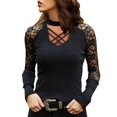 thumbnail image 1 of JustVH Women Halter Long Sleeve Hollowed Criss-Cross Sexy Lace Solid Blouse, 1 of 4