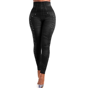 SHAPERIN High Waist Faux Denim Jeggings For Women - Slim Stretch Pencil Leggings