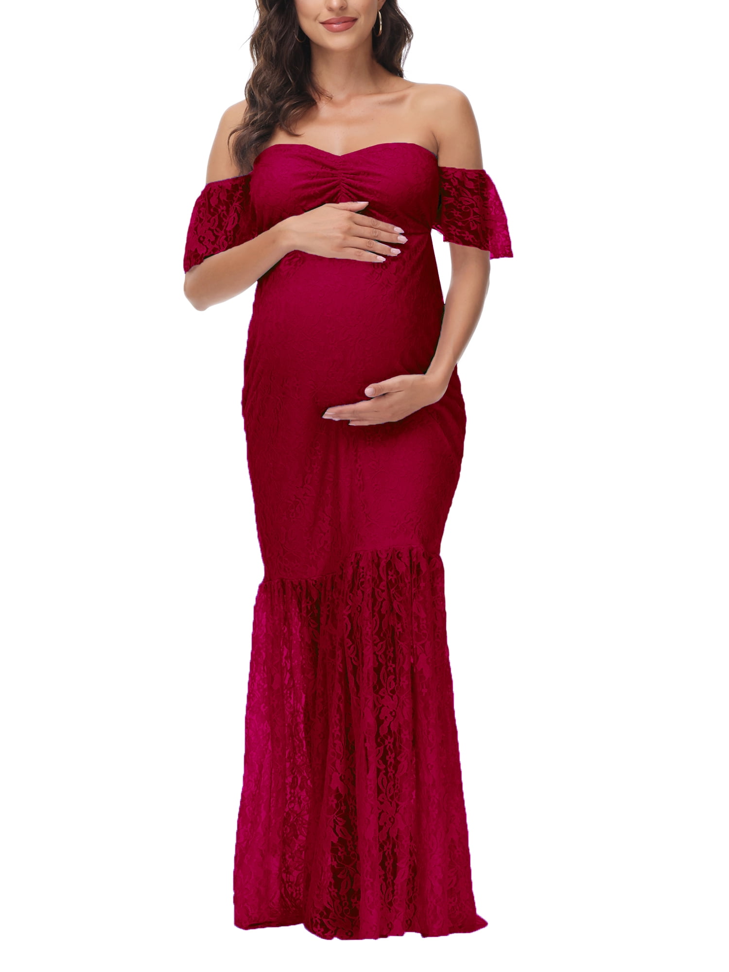 JustVH Women Lace Maternity Dress Mermaid Gown Pregnants Off Shoulder Photography Baby Shower