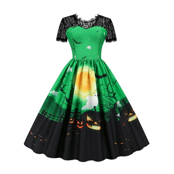JustVH Women Lace Stitching Short Sleeve Halloween Party Printed Dress