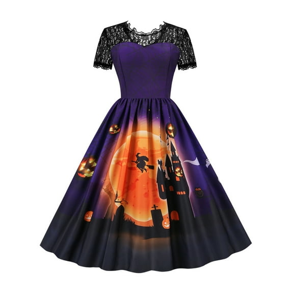 JustVH Women Lace Stitching Short Sleeve Halloween Party Printed Dress