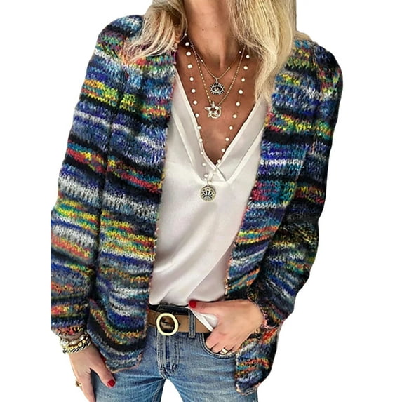 JustVH Women Long Sleeve Colorful Loose Open-Knit Sweater Straight Hem Fair Isle Cardigan