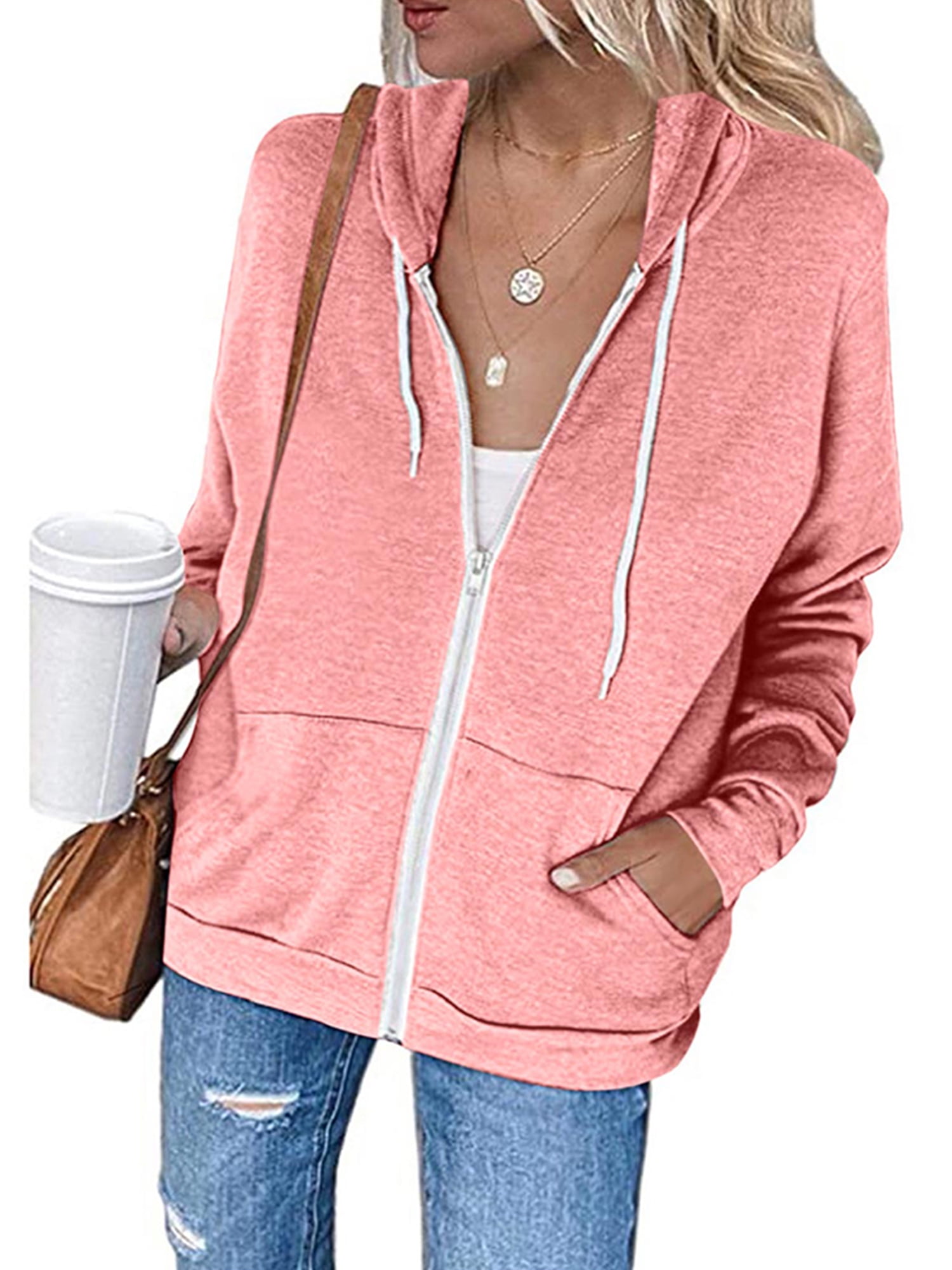 JustVH Women Long Sleeve Sporty Fleece Hoodie Basic FullZip Sweatshirt