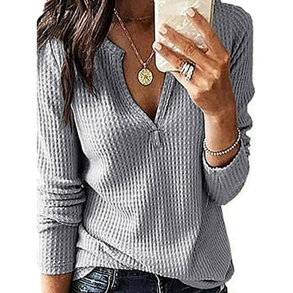 JustVH Women Long Sleeve V-Neck Waffle Top Loose Casual T-Shirt