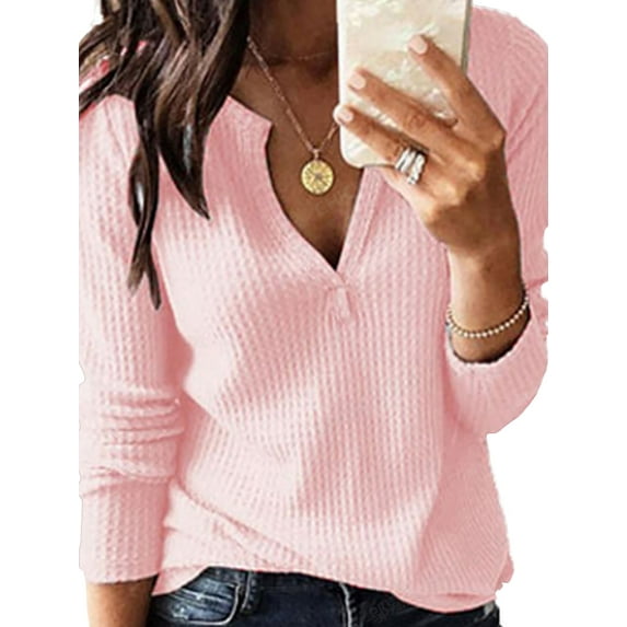 JustVH Women Long Sleeve V-Neck Waffle Top Loose Casual T-Shirt