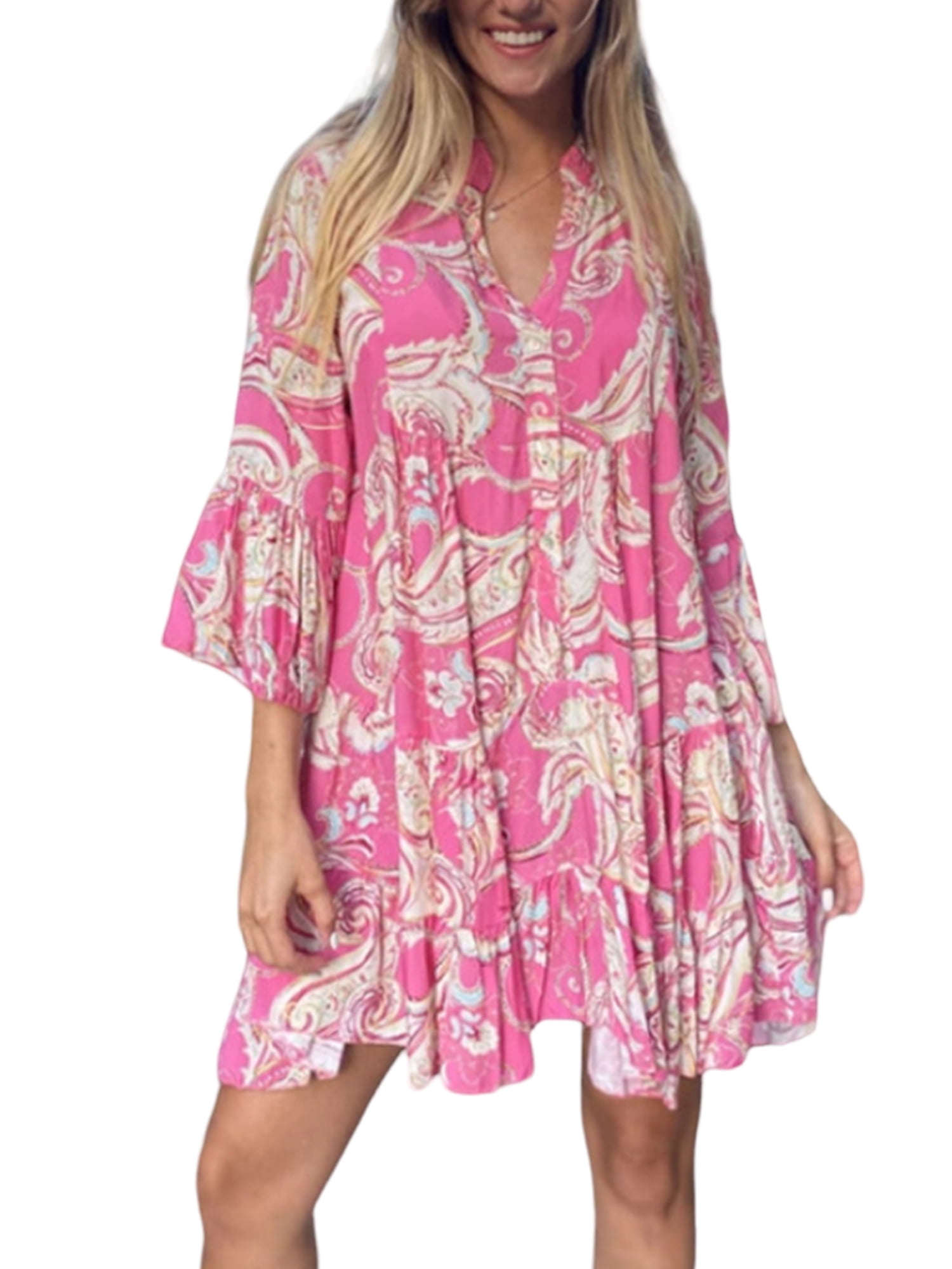 JustVH Women Loose Knee Length Dress Boho Babydoll Dress