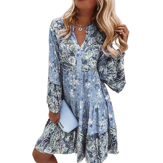 JustVH Women Loose Knee Length Dress Boho Babydoll Dress