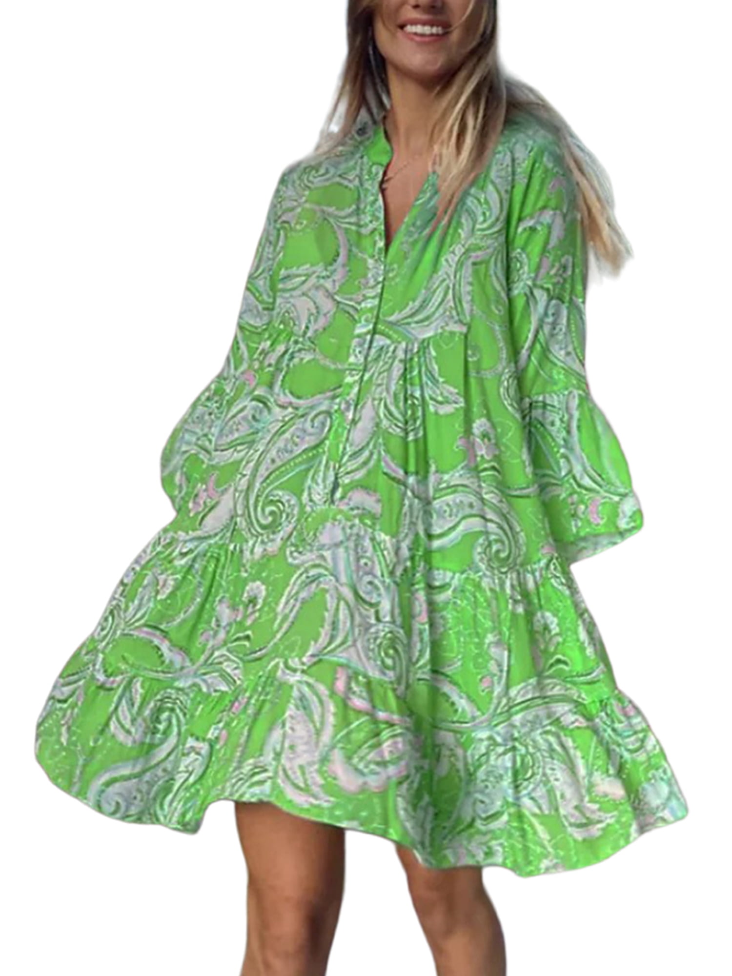 JustVH Women Loose Knee Length Dress Boho Babydoll Dress