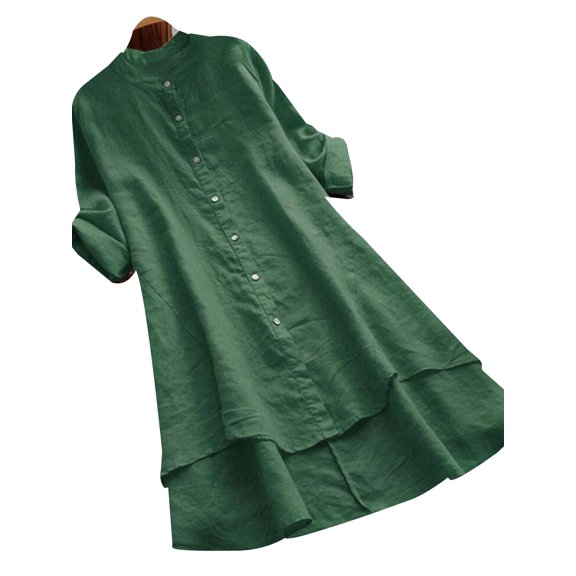 JustVH Women Loose Waist Long Sleeve Shirt Dress Single Breasted Patchwork Midi Dress