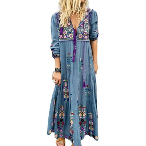 JustVH Women Plus Size Boho Long Sleeve Maxi Dress Ladies Beach Kaftan Sundress
