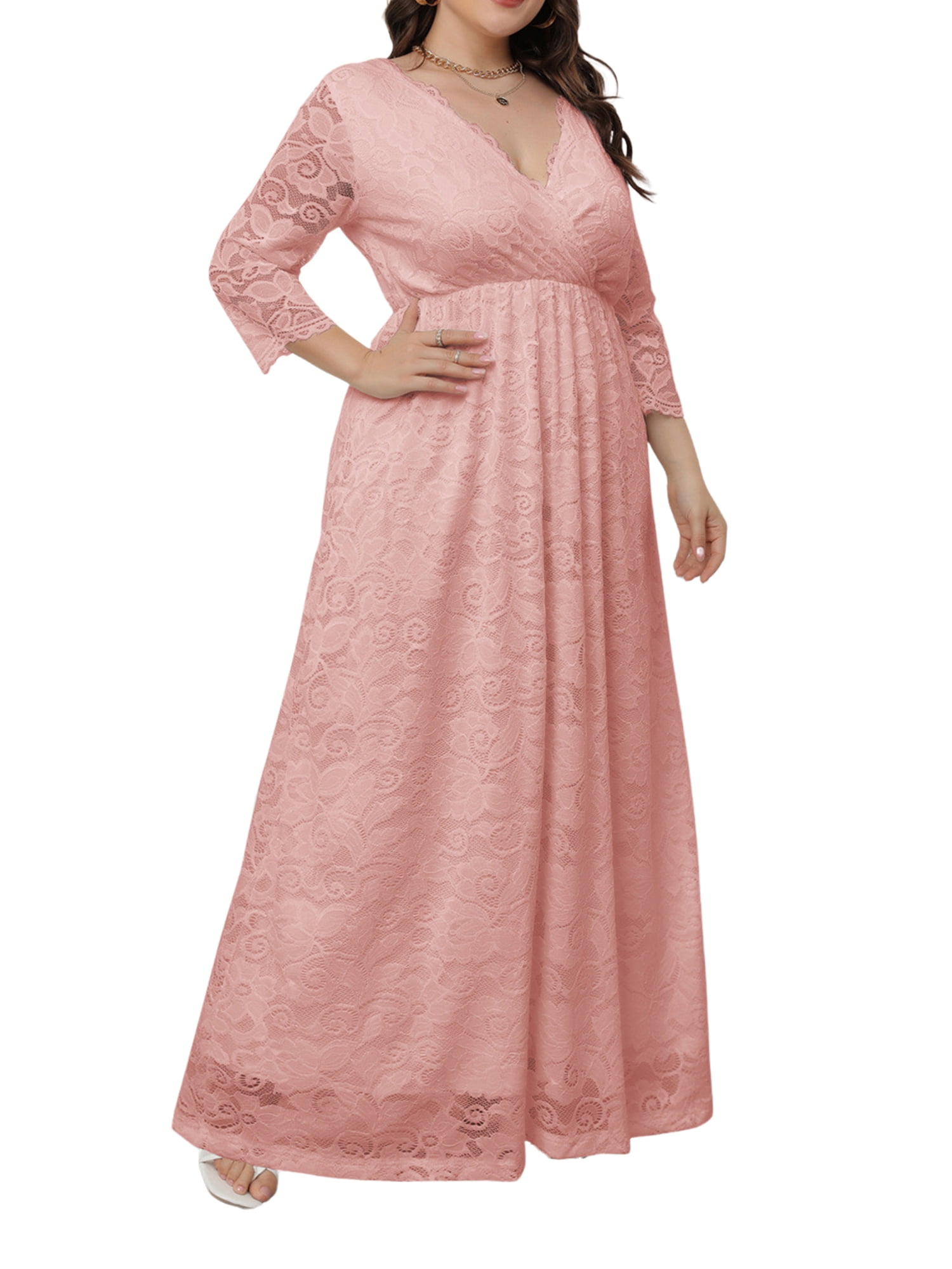 JustVH Women Plus Size Elegant Long Sleeve Lace Floral AnkleLength