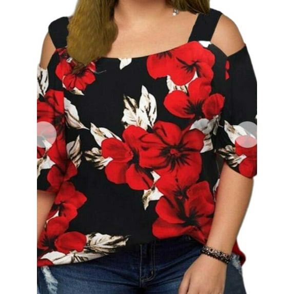 JustVH Women Plus Size Floral Print Off The Shoulder Vintage Tee Blouses