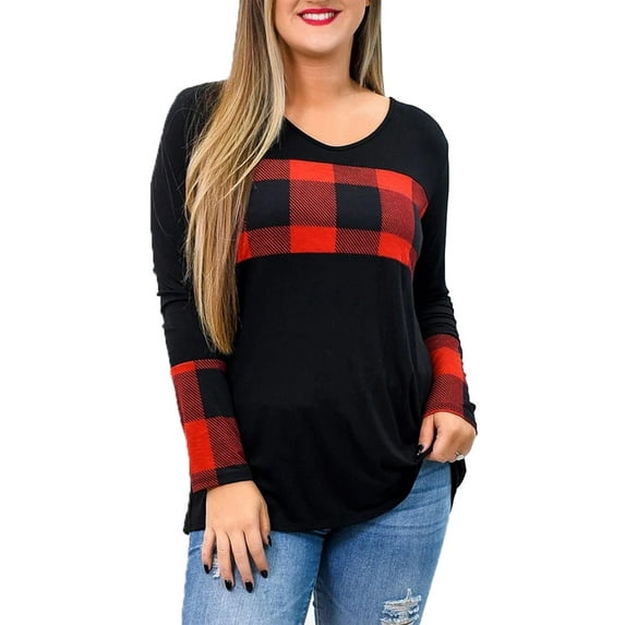 JustVH Women Plus Size Plaid Checked Colorblock Long Sleeve T-Shirts