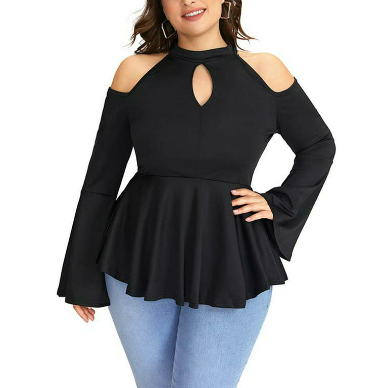 JustVH Women Plus Size Round Neck Cut-out Long Sleeve Blouse Formal Dressy  Tops