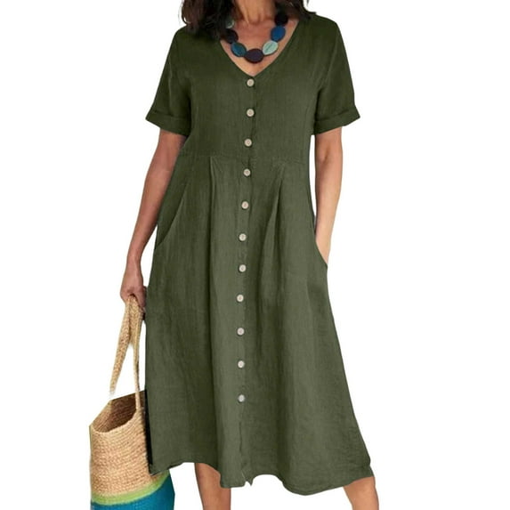 JustVH Women Plus Size Short Sleeve Buttons Solid Color Kaftan Linen Dress