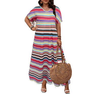 JustVH Women Plus Size V Neck Baggy Short Sleeve Ankle Length Dress