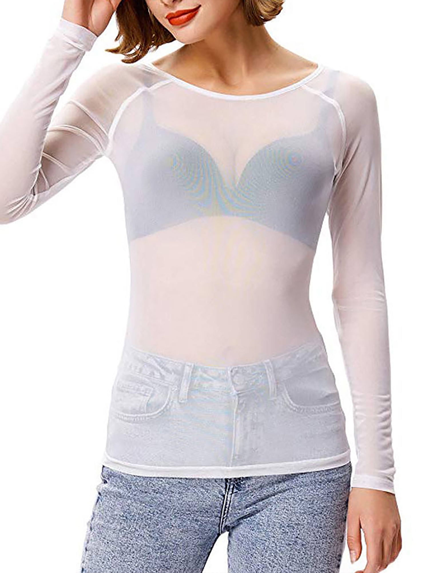 JustVH Women Punk Sexy Long Sleeve Mesh Undershirts Sheer Gauze Slim