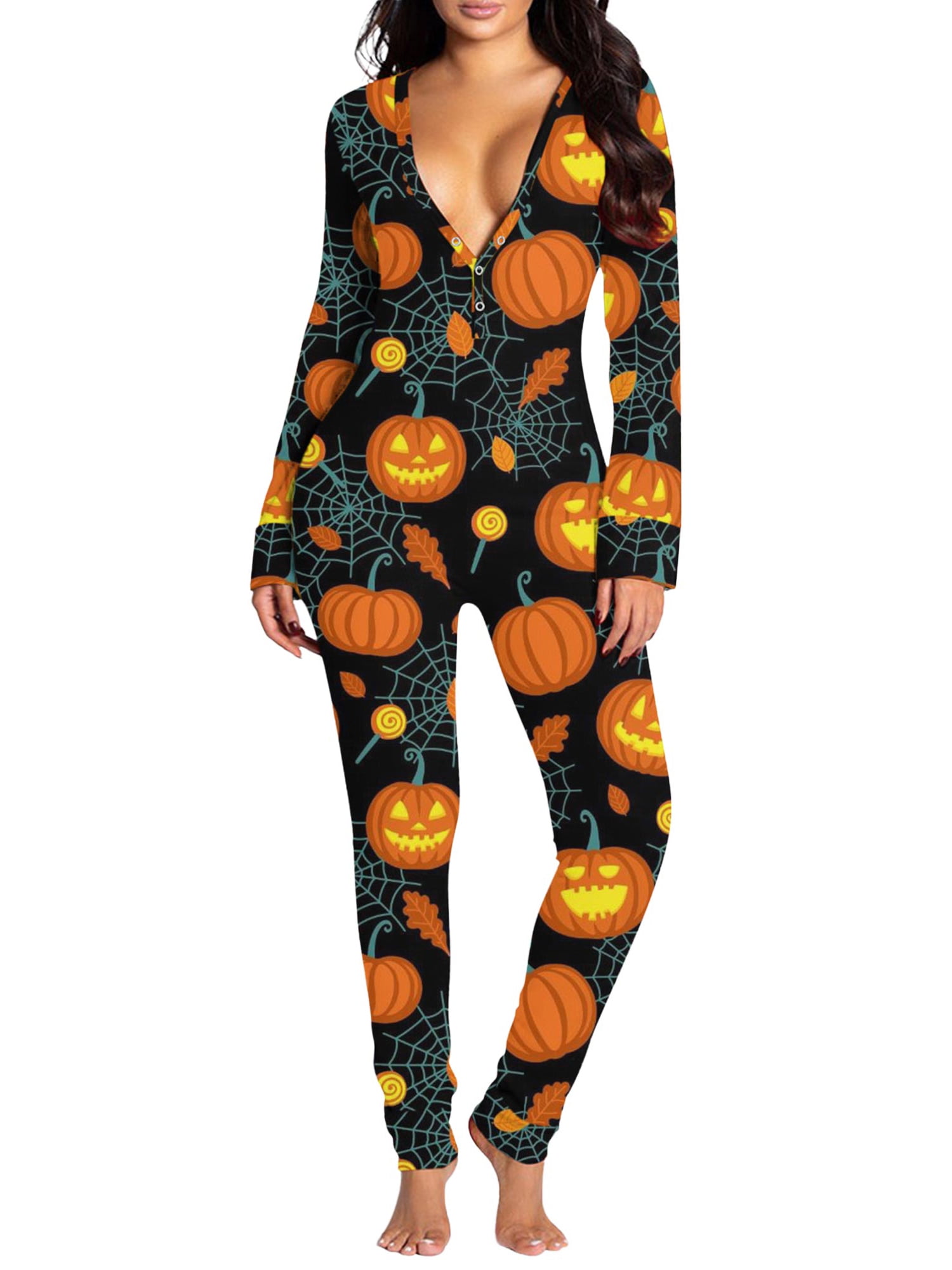 JustVH Women Sexy Deep V Neck Halloween Nightwear Printed Pajamas Long  Jumpsuits - Walmart.com