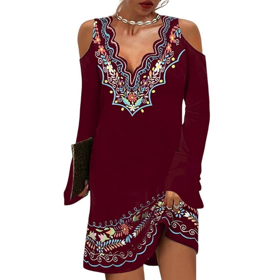 JustVH Women Sexy Off Shoulder Flared Long Sleeve Floral Vintage T-Shirt Dress