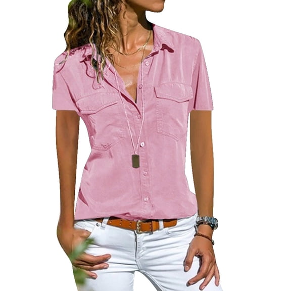 JustVH Women Short Sleeve Lapel Shirts V Neck Button Down Blouse Tops