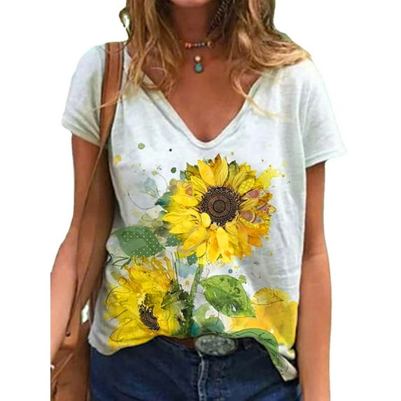 JustVH Women Short Sleeve T-Shirts Casual Floral Graphic V-Neck Tops