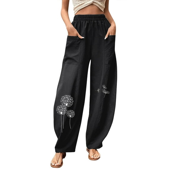 JustVH Women Straight Wide Leg Slacks Elastic Waist Pockets Trousers Dandelion Print Pants