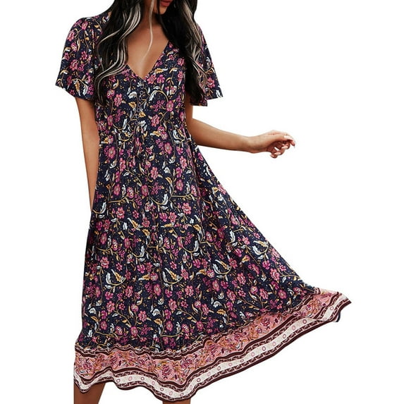 JustVH Women Summer Beach Floral Boho Dress Short Sleeve Midi Swing Dress Sundress
