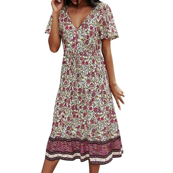 JustVH Women Beach Floral Print Maxi Sundress Short Sleeve Bohemian Midi Dress
