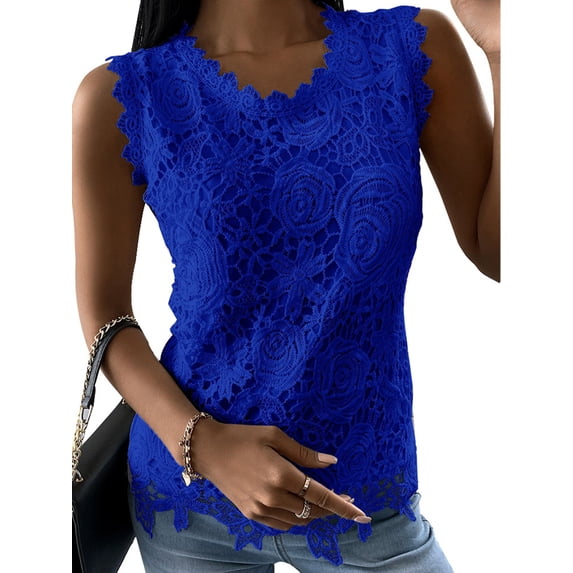 JustVH Women Summer Flower Lace Tank Top Sleeveless Solid Color Camisole