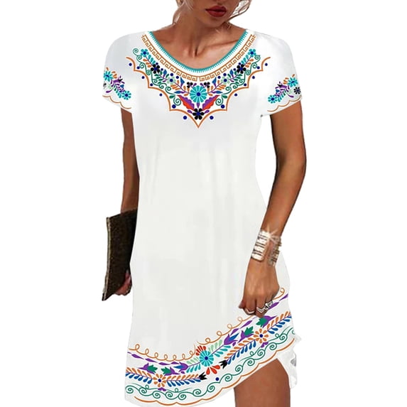JustVH Women Vintage Floral Print Short Sleeve Holiday A-Line Dress