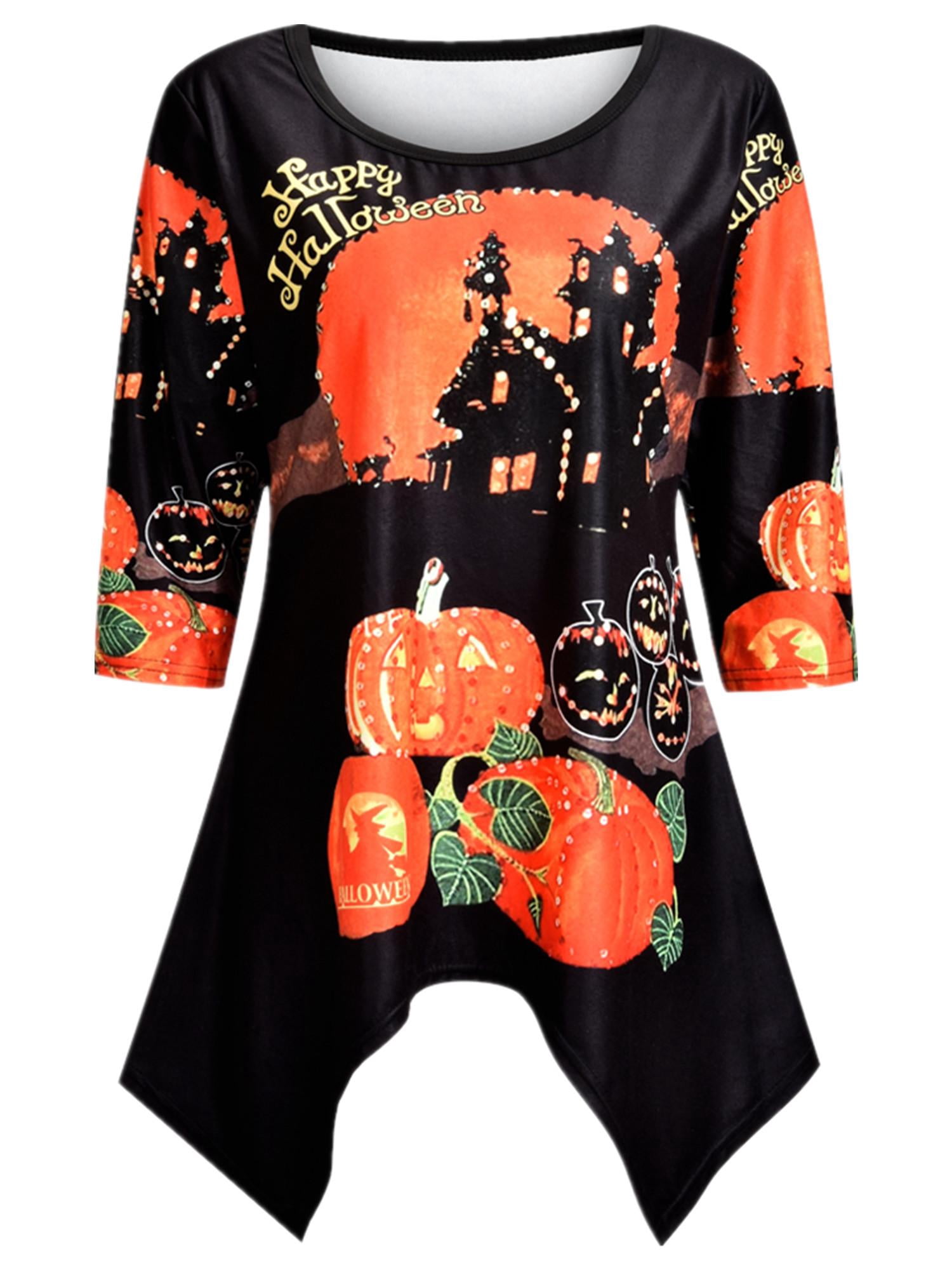 JustVH Women's Halloween Jack O'Lantern Print T-Shirt Pumpkin Cute ...