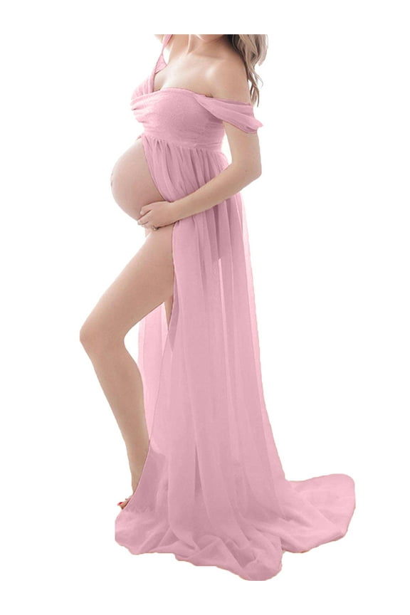 Women's Maternity Dress for photography Off Shoulder Split Front Chiffon Gown Maxi Pregnancy Dresses for Photoshoot