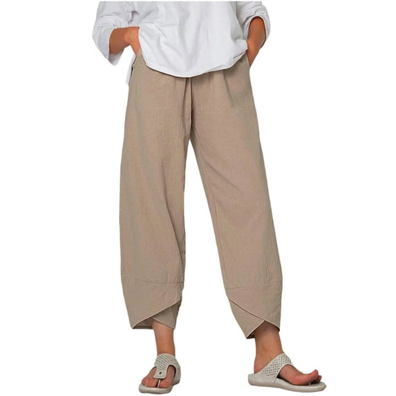 JustVH Women's Office Lady Linen Loose Elastic Waist Classic Casual Pants