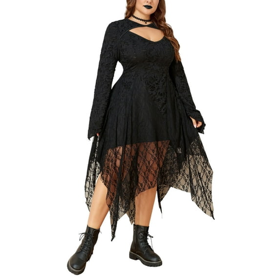 JustVH Women's Plus Gothic Punk Lace Hollow Retro Sheer Irregular Dresses